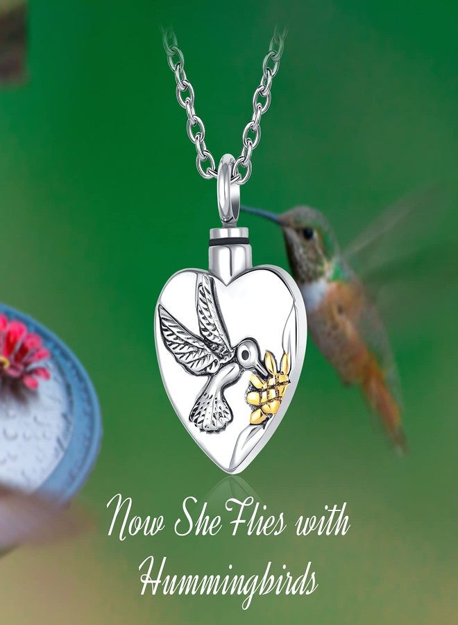 QeenseKc Hummingbird Urn Necklace for Human Pet Ashes Heart Cremation Keepsake Memorial Locket Pendant with Gold Sunflower - Image 4