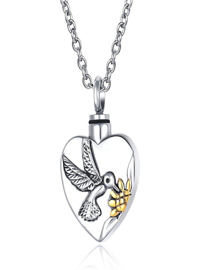 QeenseKc Hummingbird Urn Necklace for Human Pet Ashes Heart Cremation Keepsake Memorial Locket Pendant with Gold Sunflower - Image 1