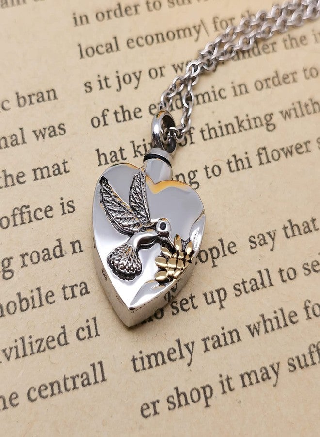QeenseKc Hummingbird Urn Necklace for Human Pet Ashes Heart Cremation Keepsake Memorial Locket Pendant with Gold Sunflower - Image 2