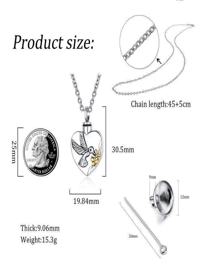 QeenseKc Hummingbird Urn Necklace for Human Pet Ashes Heart Cremation Keepsake Memorial Locket Pendant with Gold Sunflower - Image 5