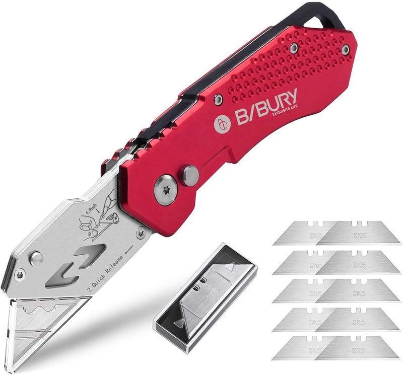 BIBURY Utility Knife, BIBURY Upgraded Version Heavy Duty Box Cutter Pocket Carpet Knife with 10 Replaceable SK5 Stainless Steel Blades, Belt Clip, Easy Release Button, Quick Change and Lock-Back Design - Image 1
