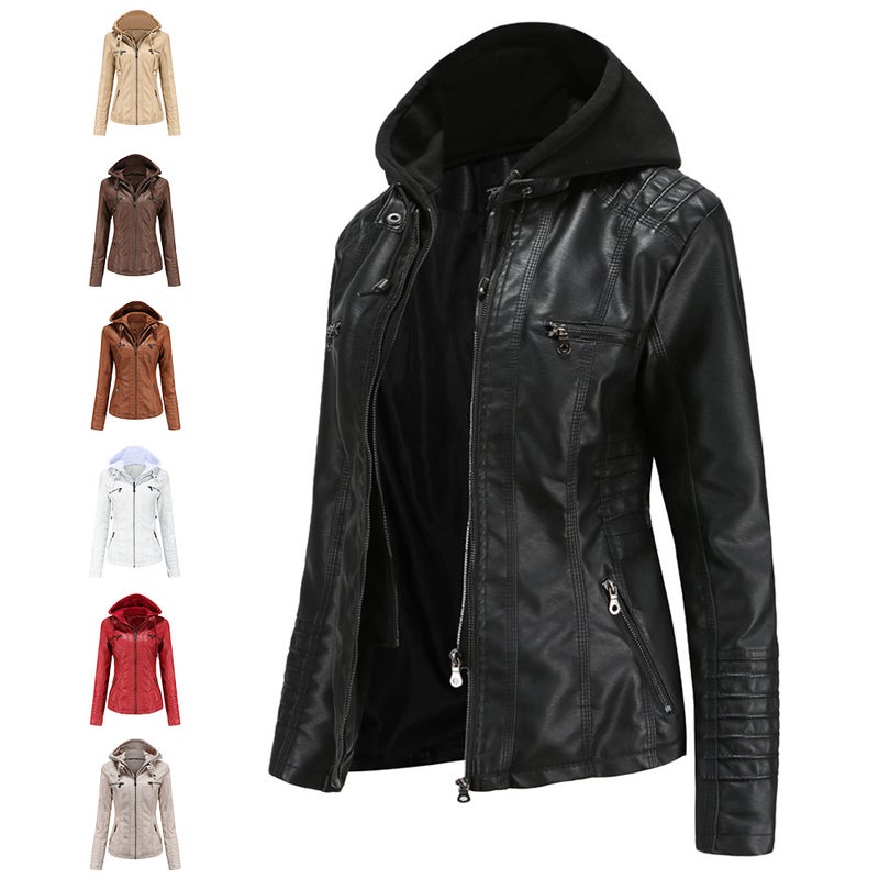 Detachable Hood Leather Short Women'S High-End Outwear Women'S Tight And Versatile Pu Washed Leather Jacket - Image 2