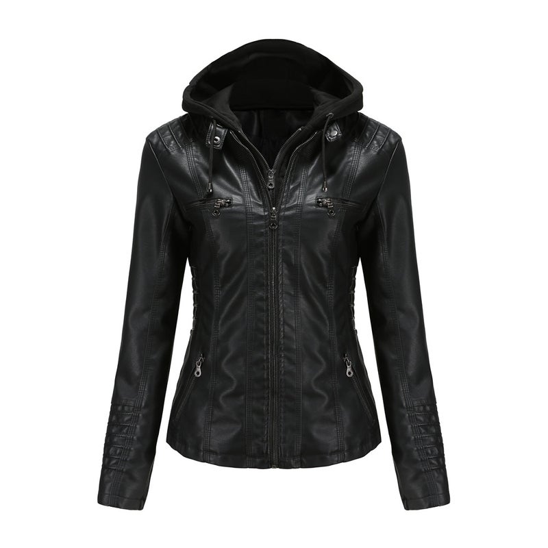 Detachable Hood Leather Short Women'S High-End Outwear Women'S Tight And Versatile Pu Washed Leather Jacket - Image 1