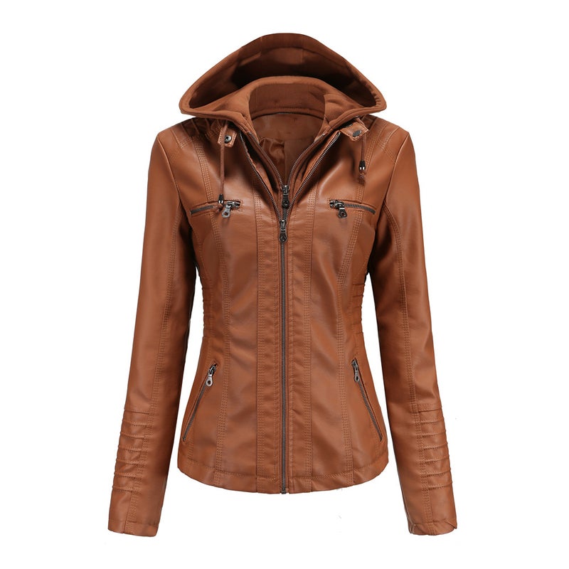 Detachable Hood Leather Short Women'S High-End Outwear Women'S Tight And Versatile Pu Washed Leather Jacket - Image 5