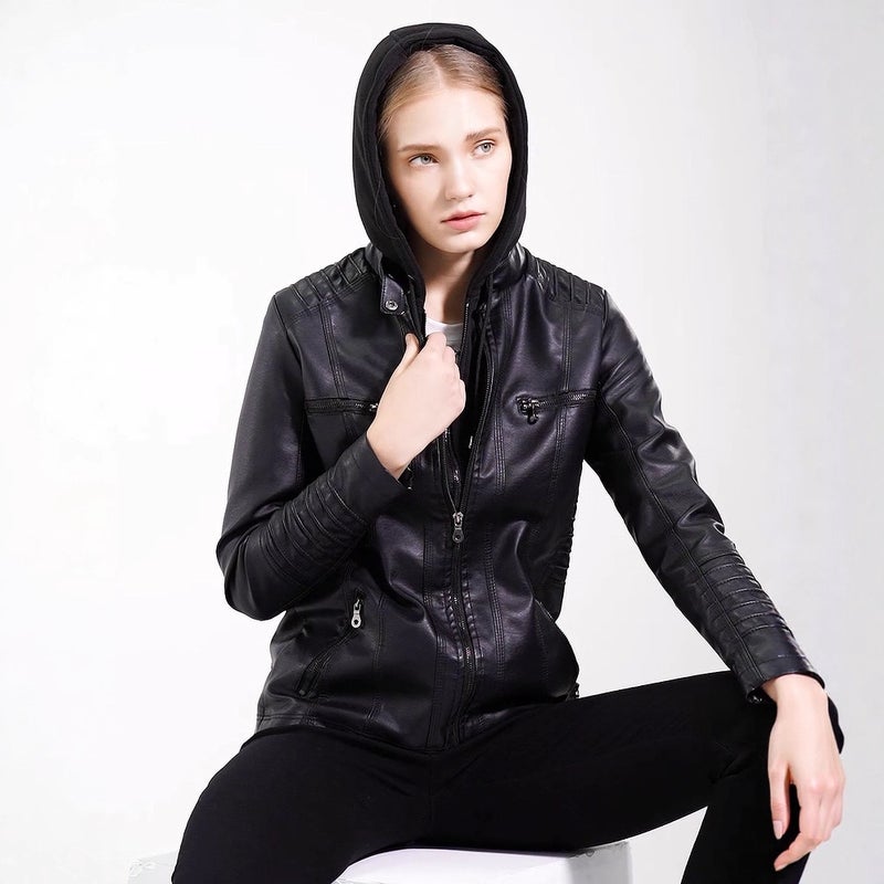 Detachable Hood Leather Short Women'S High-End Outwear Women'S Tight And Versatile Pu Washed Leather Jacket - Image 3