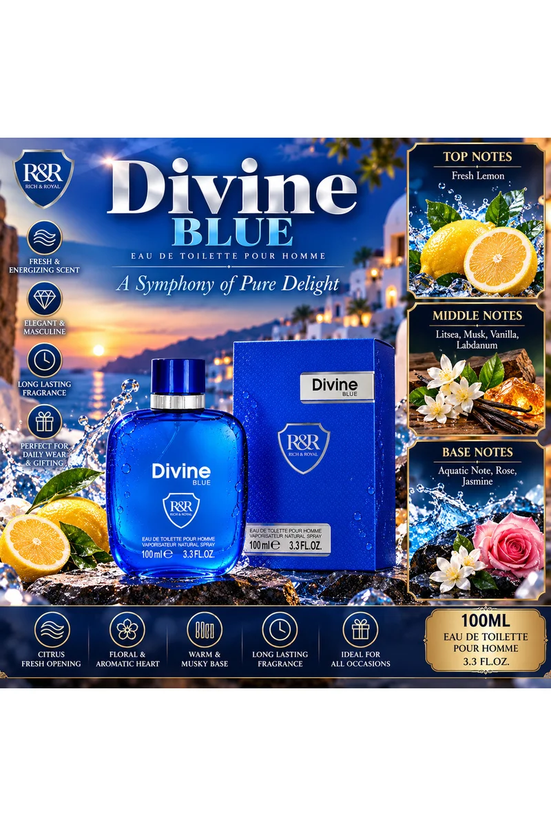 محبوب للعطور Divine Blue Eau de Toilette Pour Homme 100ml | Fresh Citrus, Aquatic & Musk Fragrance