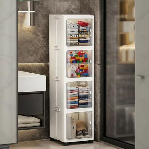 Owme 4 Layer Plastic Storage Cabinet with Transparent Doors | Multipurpose Wardrobe Organizer for Clothes, Toys, Shoes & Accessories | Space Saving Storage Unit - OFF WHITE - Image 1