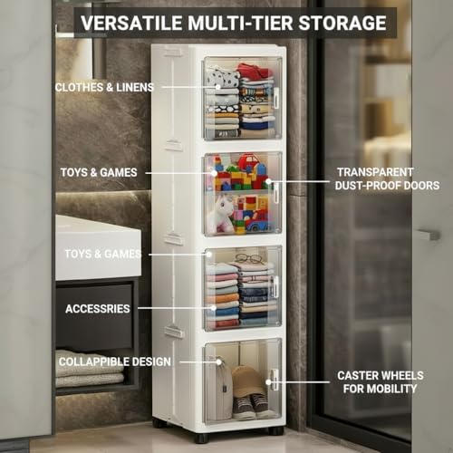 Owme 4 Layer Plastic Storage Cabinet with Transparent Doors | Multipurpose Wardrobe Organizer for Clothes, Toys, Shoes & Accessories | Space Saving Storage Unit - OFF WHITE - Image 4