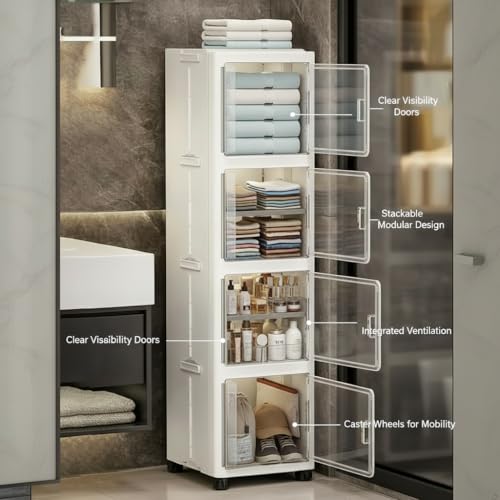 Owme 4 Layer Plastic Storage Cabinet with Transparent Doors | Multipurpose Wardrobe Organizer for Clothes, Toys, Shoes & Accessories | Space Saving Storage Unit - OFF WHITE - Image 2