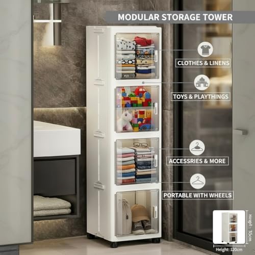 Owme 4 Layer Plastic Storage Cabinet with Transparent Doors | Multipurpose Wardrobe Organizer for Clothes, Toys, Shoes & Accessories | Space Saving Storage Unit - OFF WHITE - Image 3