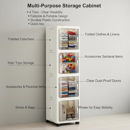 Owme 4 Layer Plastic Storage Cabinet with Transparent Doors | Multipurpose Wardrobe Organizer for Clothes, Toys, Shoes & Accessories | Space Saving Storage Unit - OFF WHITE - Image 5