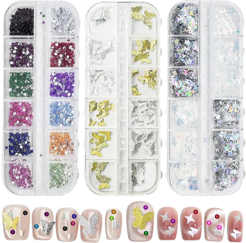 4068pcs Nail Charms Set Nail Art Accessories Star Butterfly Rhinestone Bulk Set Jewelry Decorations Bling Shiny Gold Silver DIY Women Manicure Supplies