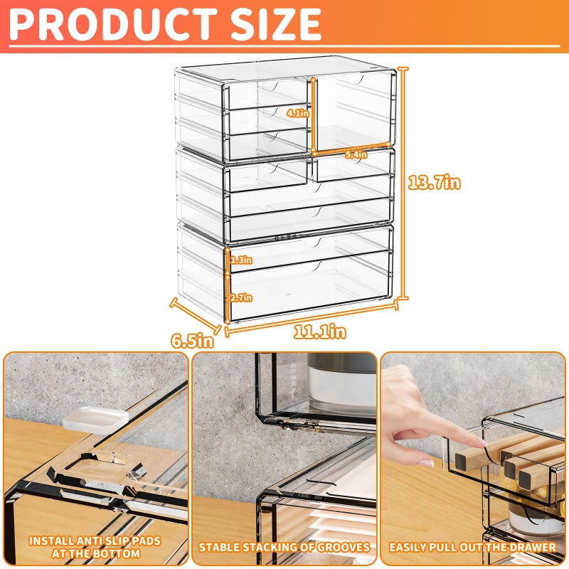 Yieach 3Pack Clear Drawer Organizers Stackable,Acrylic Storage Drawers With 10 Drawers,Multipurpose Office Supply Organizer and Makeup Organizer for Beauty,Craft,Pen,Medical,Stationary Desk Organizers - Image 3