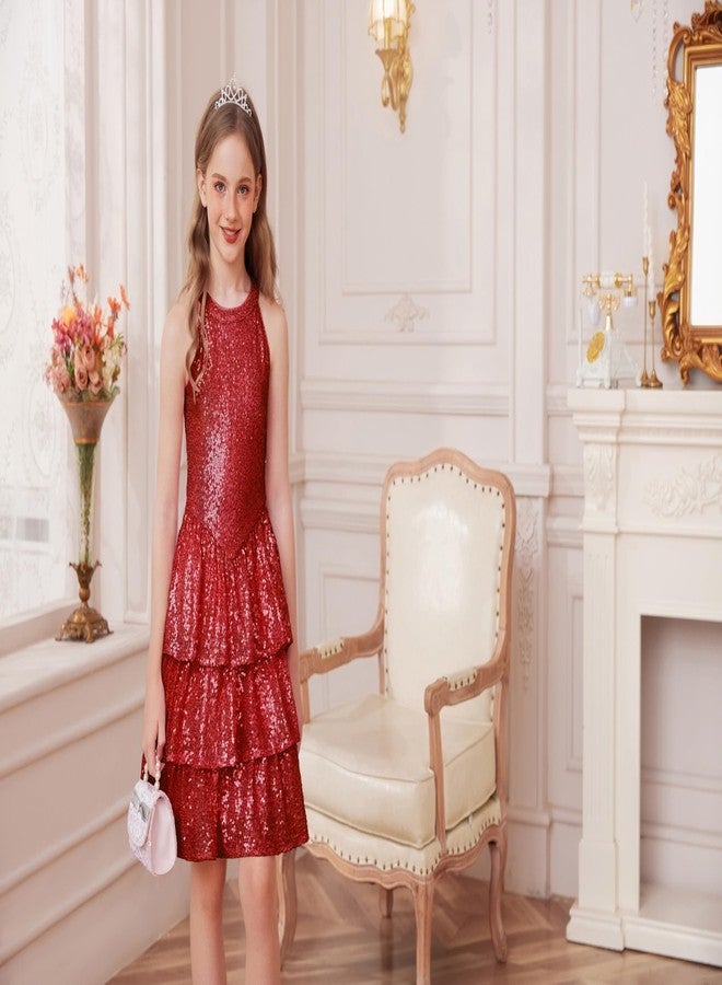 GRACE KARIN Girls Sequin Party Dress Sparkly Formal Birthday Special Occasion Kids Fancy Pageant Teen Dresses Size 6-14, Red, 8-10 Years - Image 4