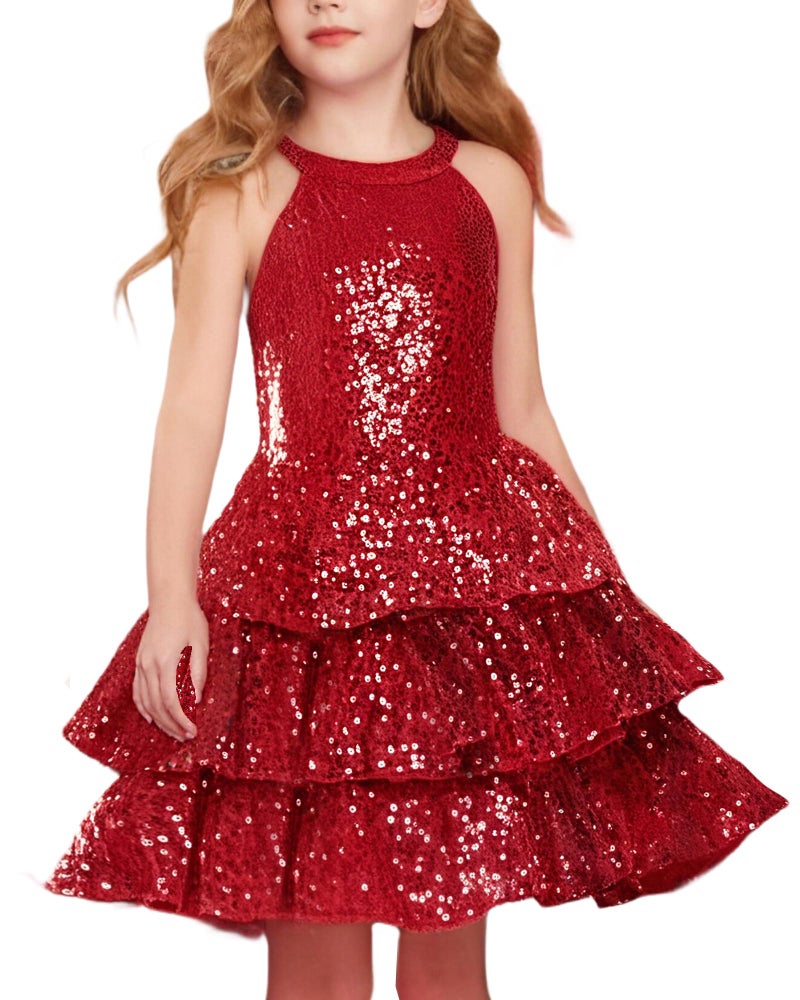 GRACE KARIN Girls Sequin Party Dress Sparkly Formal Birthday Special Occasion Kids Fancy Pageant Teen Dresses Size 6-14, Red, 8-10 Years - Image 1