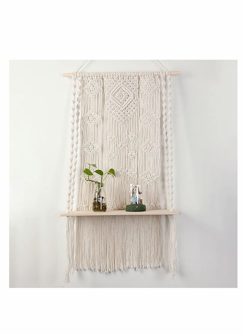 Y&D Macrame Wall Hanging Shelf, Shelf Woven Home Organizer Decor, White Handmade Wood Boho Rope Plant Pot Basket Hanger Holder, Cotton for Decor  - Image 1