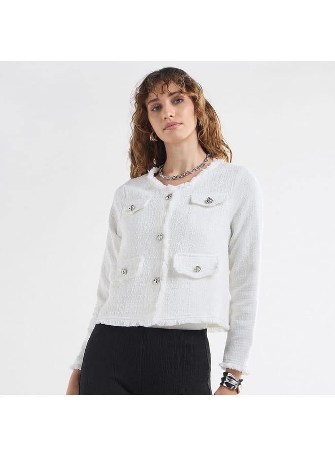 Splash FAV Textured Frayed Hem Shacket with Long Sleeves and Button Accents  - Image 1