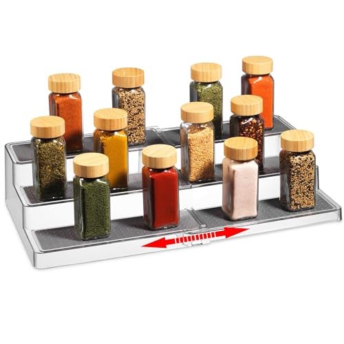 Expandable Spice Organizer Rack  3Tier  Clear Adjustable Tiered Shelf Spices Organization for Kitchen Cabinet and Pantry Storage