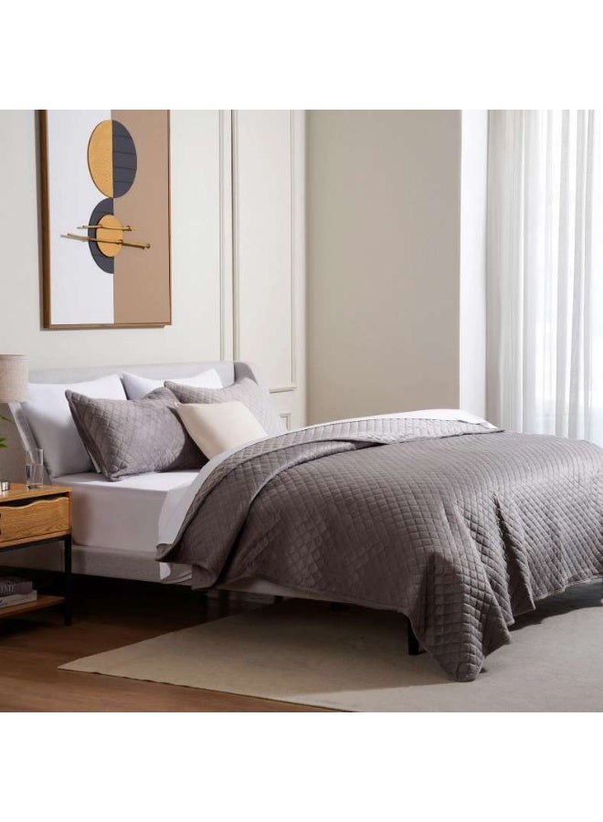 Pan Home Veronica 3-piece Velvet Quilted Bedspread Set 220x240cm - Grey - 121GGO9900237 - Image 2