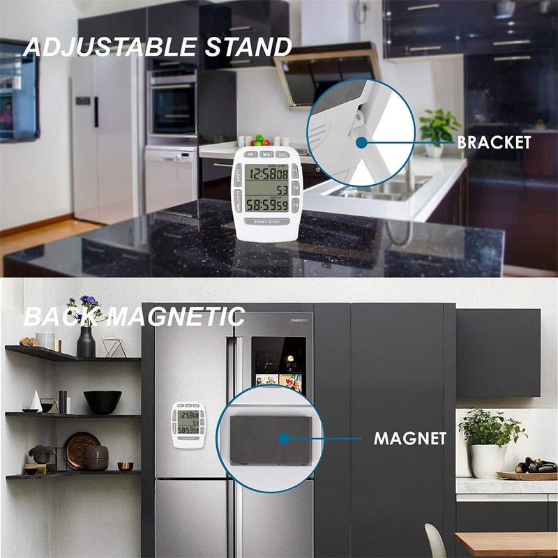 Luckam Digital Kitchen Triple Timer, Count-down & Count-up Tracking, Loud Buzzer Reminder, Magnetic Timer with Big Digits and Back Stand for Cooking, Meeting, Classroom, Studying, Exercising (White) - Image 4