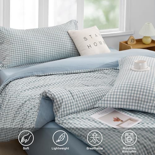 SAPHREAS Light Blue Plaid Duvet Cover Queen Size 3pcs 100% Washed Cotton Soft Comforter Cover Simple Style 1 Blue Grid Duvet Cover 2 Pillow Shams, Comforter Not Included - Image 4