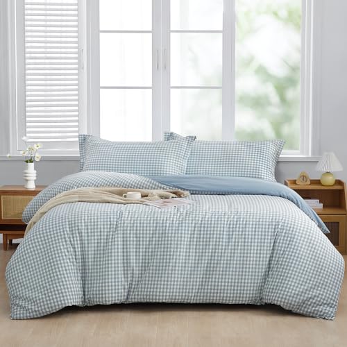 SAPHREAS Light Blue Plaid Duvet Cover Queen Size 3pcs 100% Washed Cotton Soft Comforter Cover Simple Style 1 Blue Grid Duvet Cover 2 Pillow Shams, Comforter Not Included - Image 1