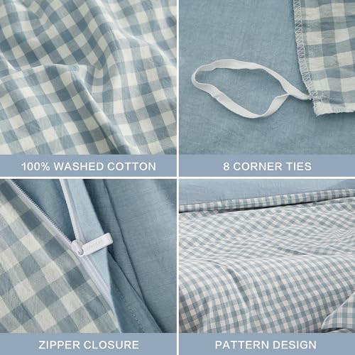 SAPHREAS Light Blue Plaid Duvet Cover Queen Size 3pcs 100% Washed Cotton Soft Comforter Cover Simple Style 1 Blue Grid Duvet Cover 2 Pillow Shams, Comforter Not Included - Image 5
