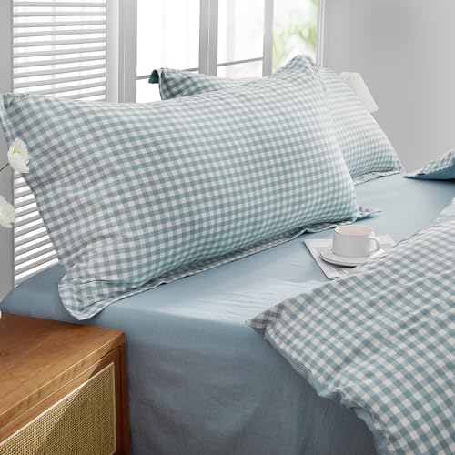 SAPHREAS Light Blue Plaid Duvet Cover Queen Size 3pcs 100% Washed Cotton Soft Comforter Cover Simple Style 1 Blue Grid Duvet Cover 2 Pillow Shams, Comforter Not Included - Image 3