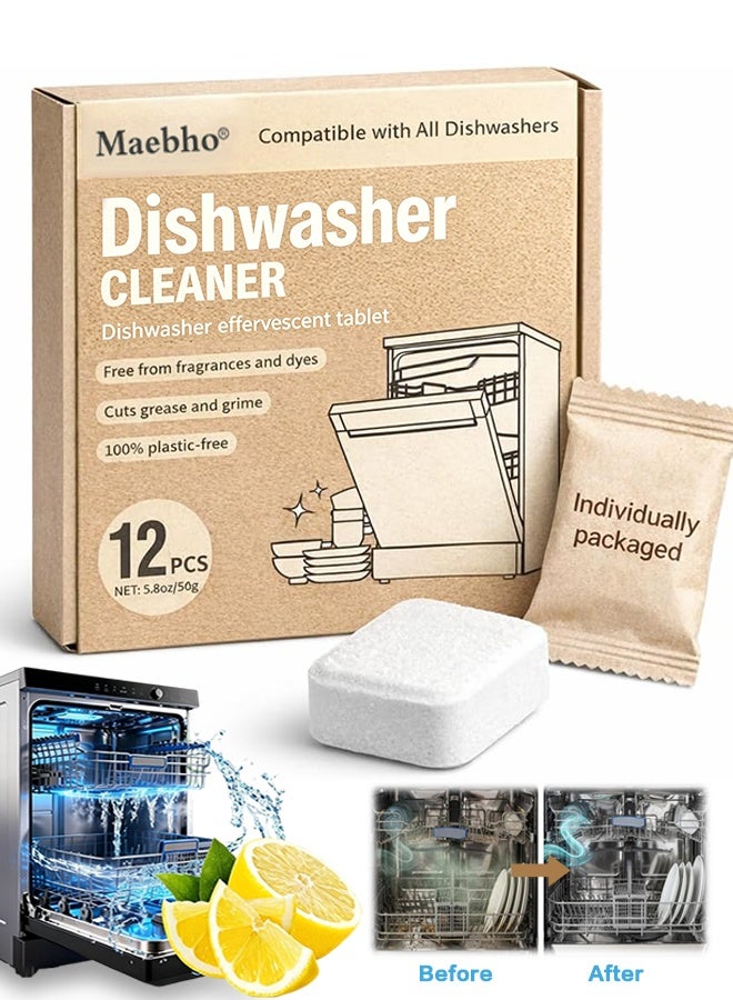 Maebho 12Pcs Dishwasher Cleaner Effervescent Tablets, Plastic-Free Deep Clean Descaler, Fragrance & Dye Free Degreaser for All Dishwasher Models, Remove Grease Limescale Odor - Image 1