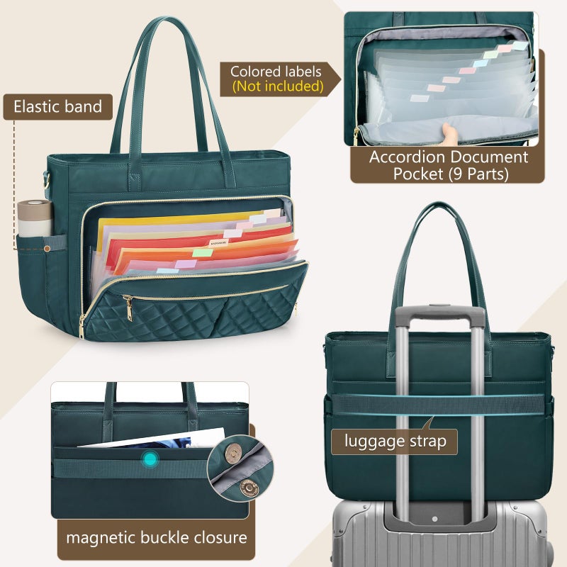RAINSMORE Teacher Tote Bag 15.6 Inch Laptop Bag for Women Work Bag with Accordion File Organizer Pocket & Insulated Pocket Nurse Bag College Laptop Tote Bag for Women Computer Briefcase Work Tote - Image 4