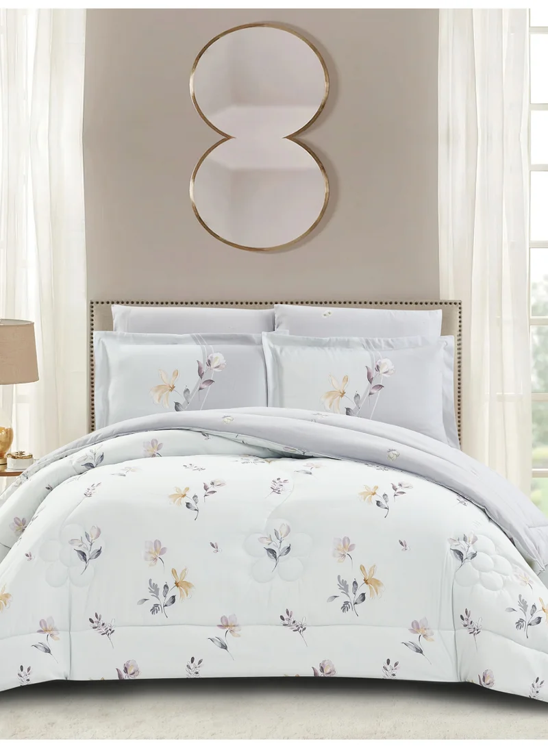 Donetella Comforter Set 6-Pcs Double Size All Season Reversible Microfiber Printed Comforter Bedding Set With Super Soft Down Alternative Filling Snow Drift 260x240 cm