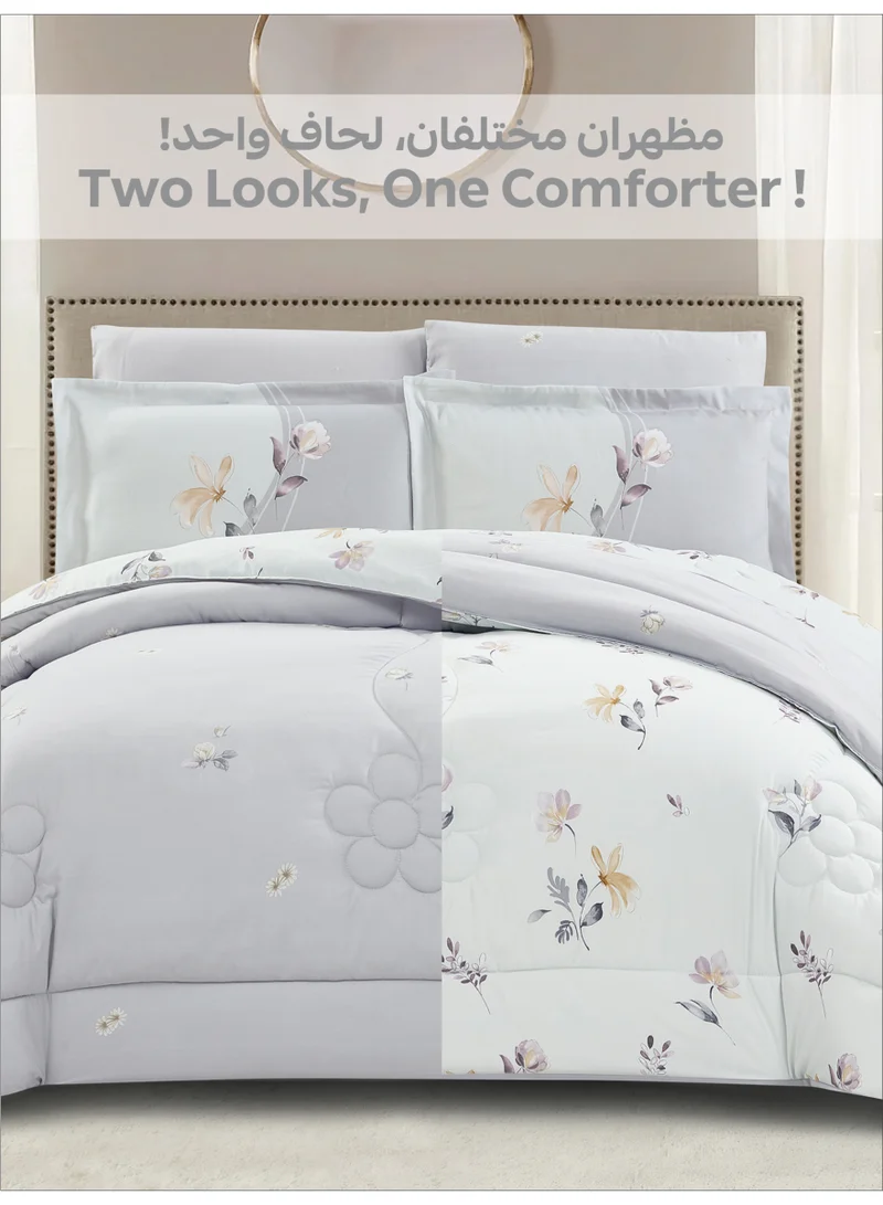 Donetella Comforter Set 6-Pcs Double Size All Season Reversible Microfiber Printed Comforter Bedding Set With Super Soft Down Alternative Filling Snow Drift 260x240 cm
