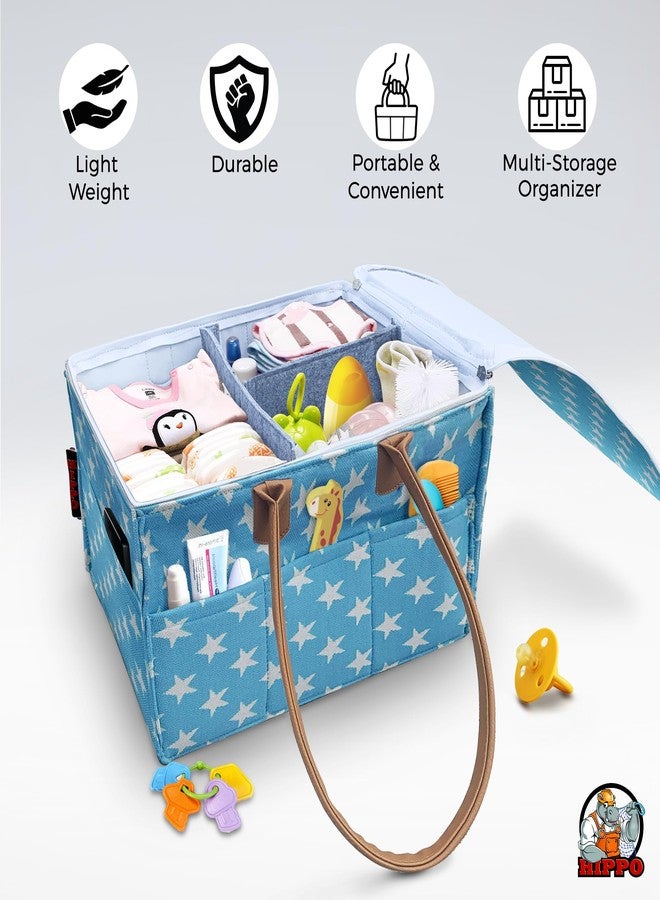 HIPPO Cute Diaper Caddy Bag With Lid Protection For Smart Mothers, Baby Diaper Caddy Organizers Baby Wipes Felt Storage, Nursery, Foldable And Portable (Blue-Star, Large) - Image 3