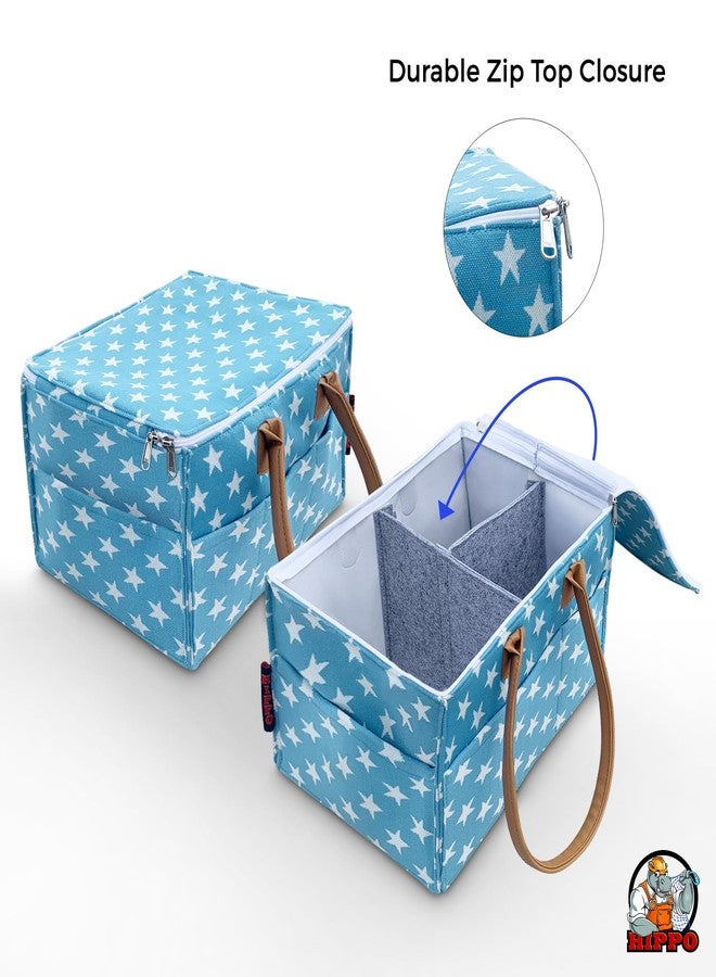 HIPPO Cute Diaper Caddy Bag With Lid Protection For Smart Mothers, Baby Diaper Caddy Organizers Baby Wipes Felt Storage, Nursery, Foldable And Portable (Blue-Star, Large) - Image 4