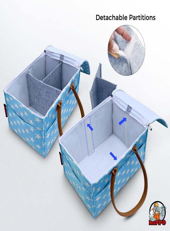 HIPPO Cute Diaper Caddy Bag With Lid Protection For Smart Mothers, Baby Diaper Caddy Organizers Baby Wipes Felt Storage, Nursery, Foldable And Portable (Blue-Star, Large) - Image 2