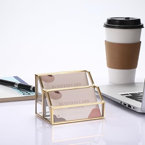 Hipiwe Glass Business Card Holder 2 Slots Gold Business Card Stand Mirrored Base Name Display Holder for Desk Multiple Clear Business Card Holder Display for Office - Image 3