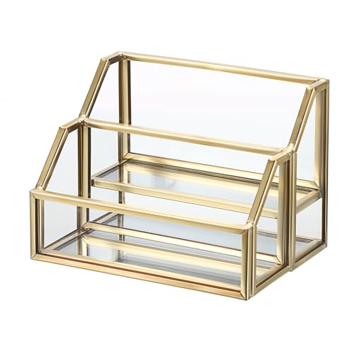Hipiwe Glass Business Card Holder 2 Slots Gold Business Card Stand Mirrored Base Name Display Holder for Desk Multiple Clear Business Card Holder Display for Office - Image 1