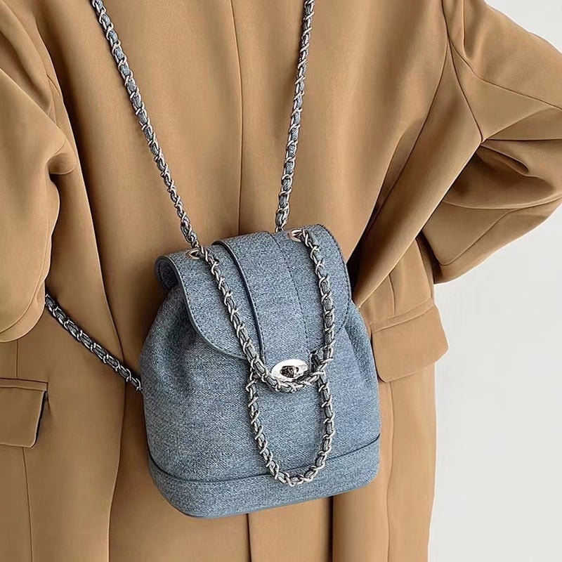Korean Style Small Crowdbag Denim Canvas Chain Bag High-End Sense Backpack Casual All-Match Small Backpack Fashion Travel - Image 2
