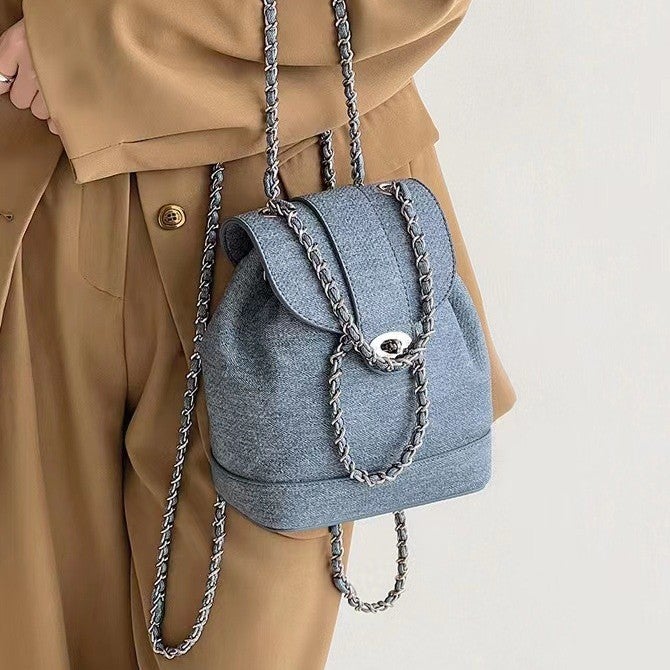 Korean Style Small Crowdbag Denim Canvas Chain Bag High-End Sense Backpack Casual All-Match Small Backpack Fashion Travel - Image 3