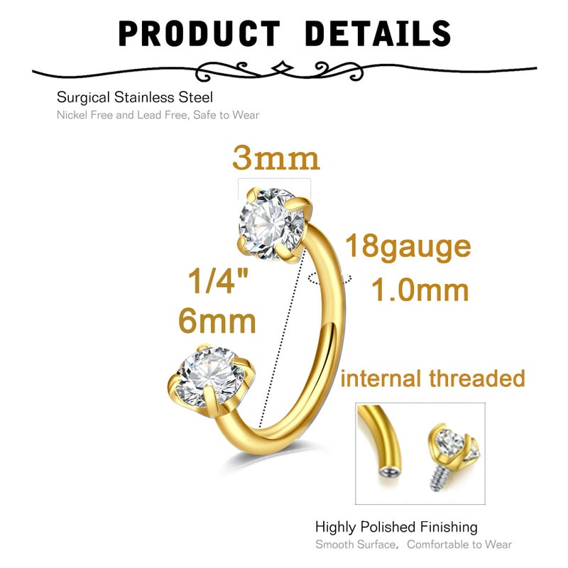 MODRSA 18g Horseshoe Nose Ring Hoop 6mm 18 gauge Gold Double Gem Horse Shoe Nose Rings for Women Surgical Steel Half Hoop U Shape Small Tragus Earring Gold Helix Piercing Jewelry Septum Rings 18g - Image 2