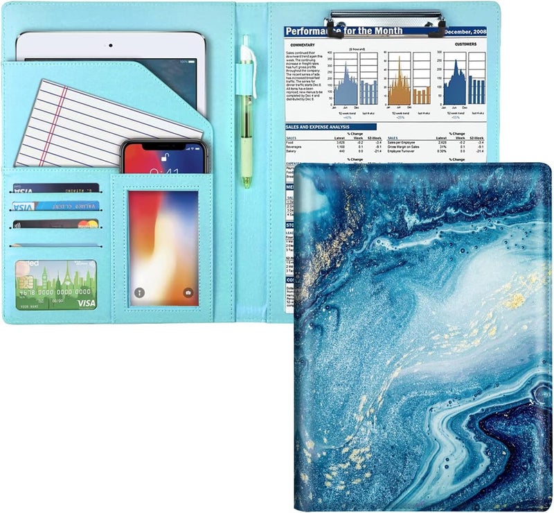 WAVEYU Padfolio Business, Resume Portfolio Folder, Leather Interview Organizer with Legal Pad Clipboard for Men Women, Blue Marble - Image 1
