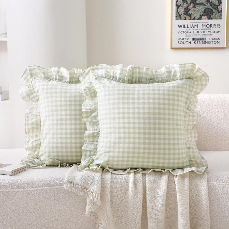 K MASANIJI 2 Pack Pile Green White Plaid Ruffle Gingham Throw Pillow Covers 100 Washed Cotton Checkered Farmhouse Decorative Pillow Shams for BedSofa  18x18