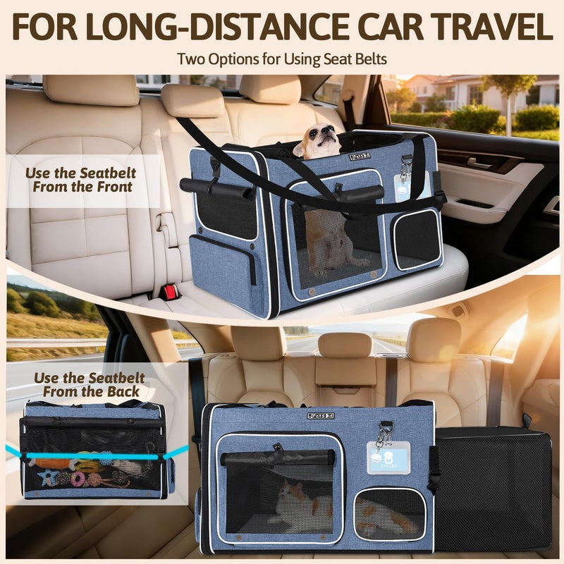 Petskd Side Expandable Extra Large Cat Car Carrier with Collapsible Litter Box for Long Distance Travel,24"x17"x17" Portable Soft Sided Pet Carrier with Roller Shades for 2 Cats Up to 55LBS(Blue) - Image 3