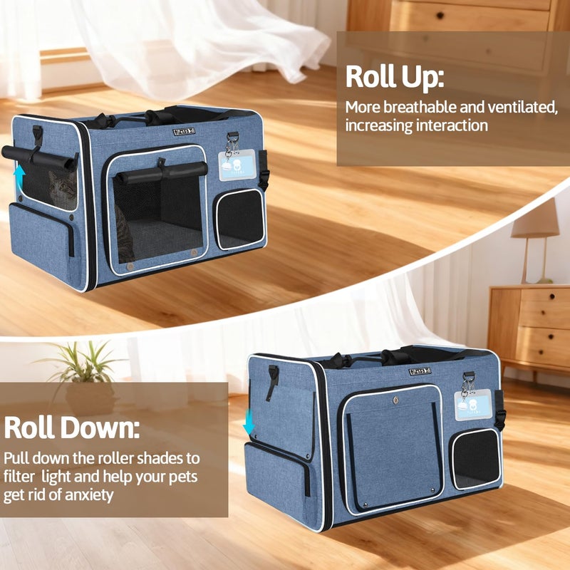 Petskd Side Expandable Extra Large Cat Car Carrier with Collapsible Litter Box for Long Distance Travel,24"x17"x17" Portable Soft Sided Pet Carrier with Roller Shades for 2 Cats Up to 55LBS(Blue) - Image 4