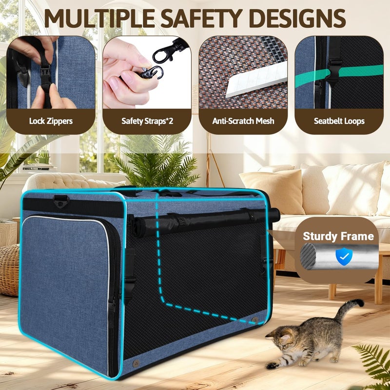 Petskd Side Expandable Extra Large Cat Car Carrier with Collapsible Litter Box for Long Distance Travel,24"x17"x17" Portable Soft Sided Pet Carrier with Roller Shades for 2 Cats Up to 55LBS(Blue) - Image 5