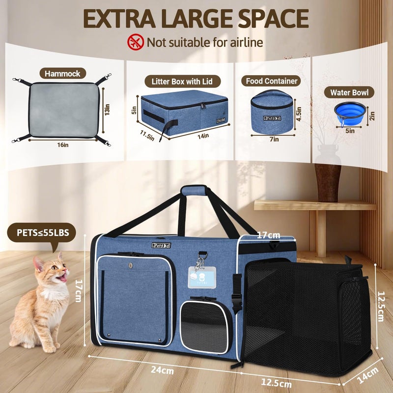 Petskd Side Expandable Extra Large Cat Car Carrier with Collapsible Litter Box for Long Distance Travel,24"x17"x17" Portable Soft Sided Pet Carrier with Roller Shades for 2 Cats Up to 55LBS(Blue) - Image 2