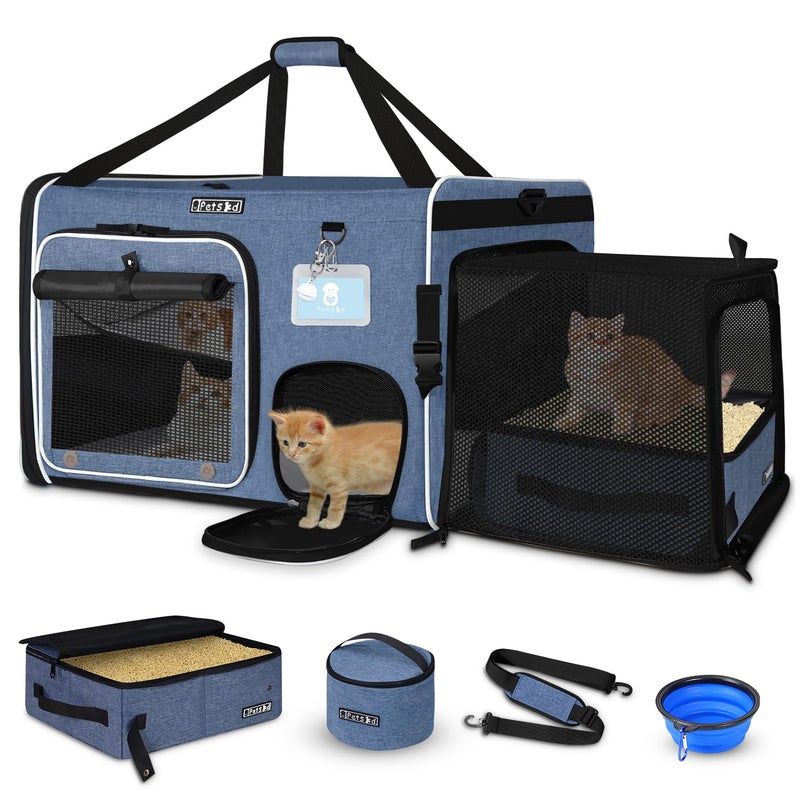 Petskd Side Expandable Extra Large Cat Car Carrier with Collapsible Litter Box for Long Distance Travel,24"x17"x17" Portable Soft Sided Pet Carrier with Roller Shades for 2 Cats Up to 55LBS(Blue) - Image 1