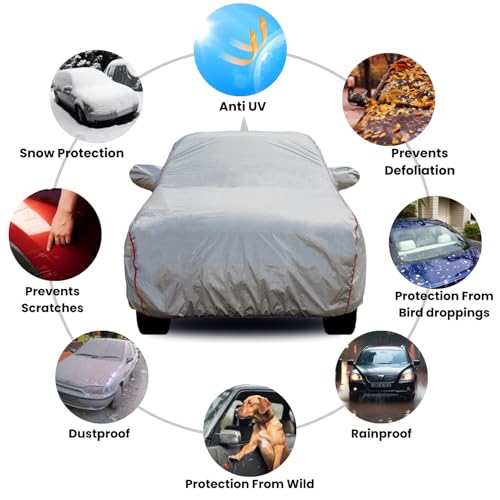 Slamio Car Cover for Maruti Suzuki Vitara Brezza (2016-2021) | Waterproof, Dustproof, UV Resistant | All-Weather Protection with Mirror & Antenna Pockets | Custom Fit, Triple Stitch | Metallic Silver. - Image 4