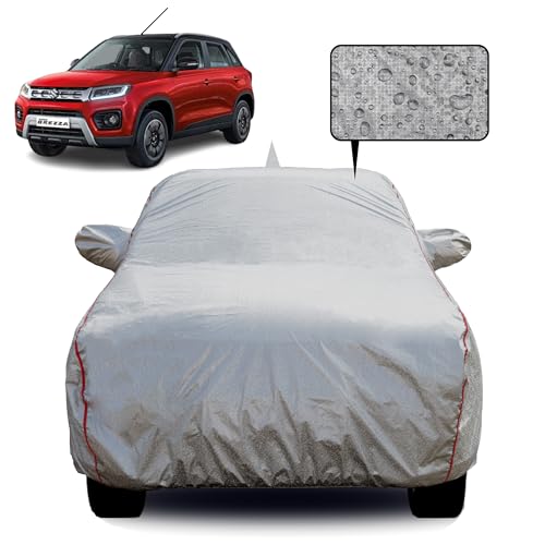 Slamio Car Cover for Maruti Suzuki Vitara Brezza (2016-2021) | Waterproof, Dustproof, UV Resistant | All-Weather Protection with Mirror & Antenna Pockets | Custom Fit, Triple Stitch | Metallic Silver. - Image 1