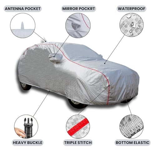 Slamio Car Cover for Maruti Suzuki Vitara Brezza (2016-2021) | Waterproof, Dustproof, UV Resistant | All-Weather Protection with Mirror & Antenna Pockets | Custom Fit, Triple Stitch | Metallic Silver. - Image 3